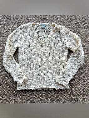 In The Wash Chunky‎ 100% Wool V-Neck Sweater Cream Womens Size M